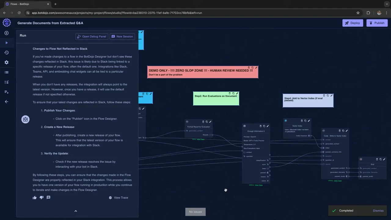 BotDojo document-generation workflow beside a generated response, with evaluation and vector-index nodes, a human-review warning, and a Completed notification.