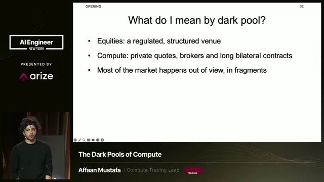 The opening slide compares an equity dark pool with the private quotes, brokers and bilateral contracts used to trade compute.