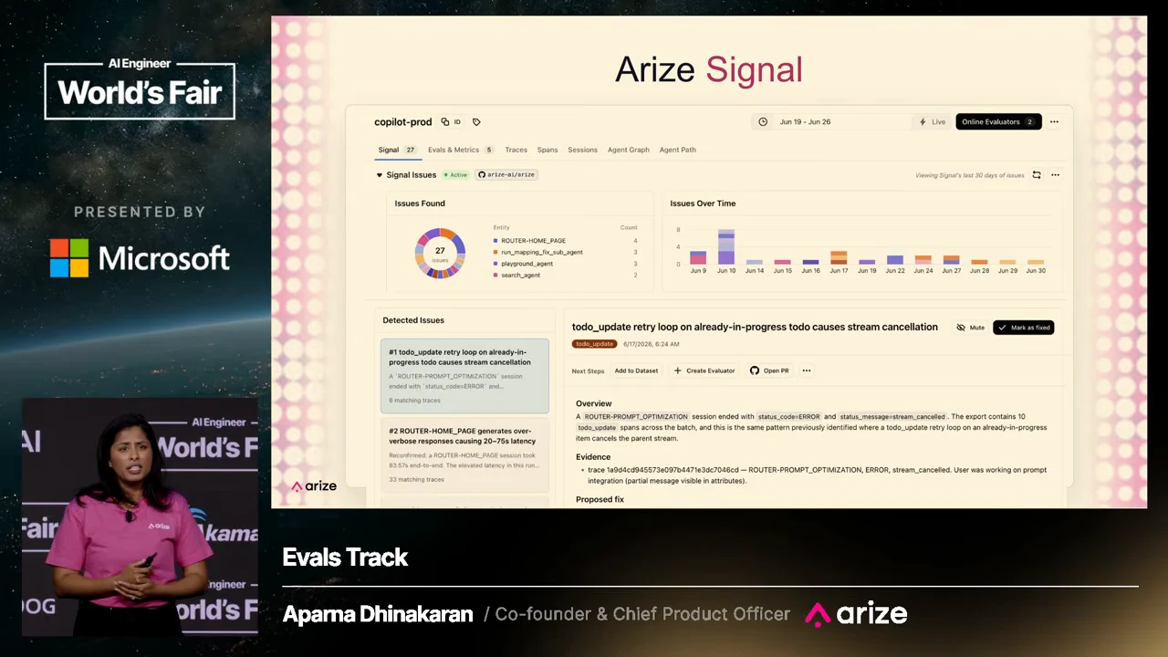 Arize Signal dashboard with an issues donut chart, issues-over-time bars, a detected-issues list, and a selected issue showing Overview, Evidence, and Proposed fix headings.