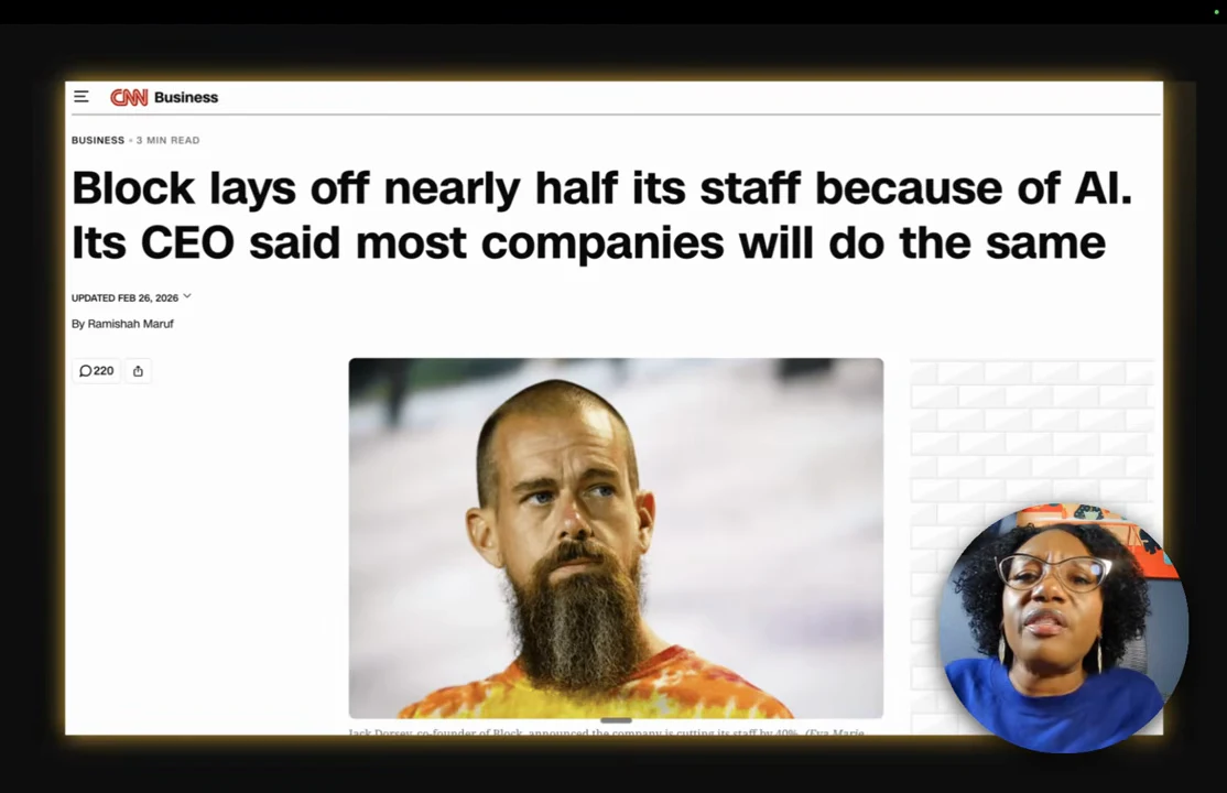 CNN Business article screenshot with the Block layoffs headline above a photograph of Jack Dorsey and a speaker inset at lower right.