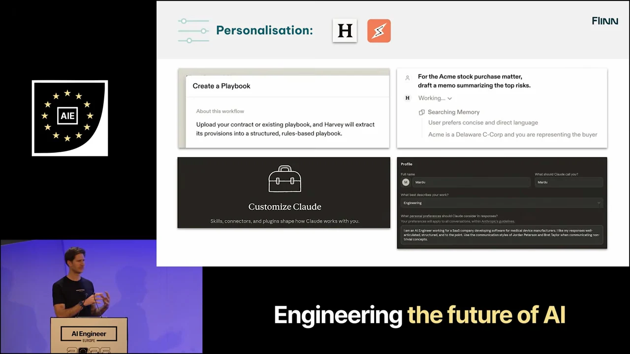 Personalisation slide with Harvey and Claude logos and four screenshots showing Create a Playbook, Searching Memory, Customize Claude, and profile settings.