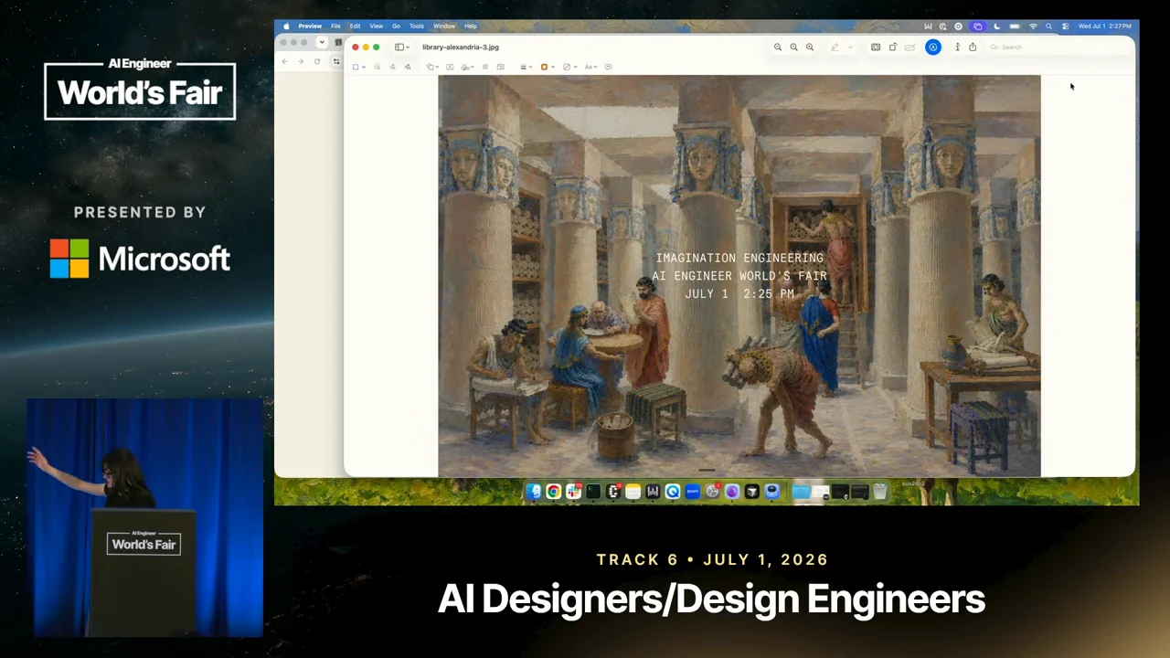 A columned library scene with people and a lion, overlaid with the title Imagination Engineering; the presenter appears at lower left.