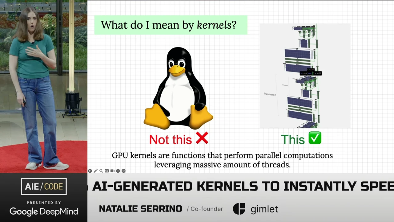 Slide contrasts the Linux penguin marked “Not this” with a computation diagram marked “This,” followed by a definition of GPU kernels.