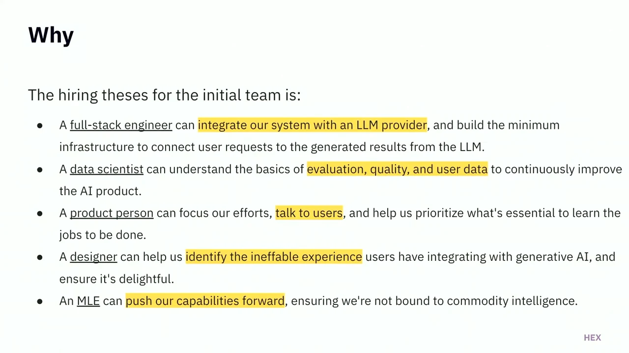 “Why” slide listing a full-stack engineer, data scientist, product person, designer, and MLE, with their contributions highlighted in yellow.