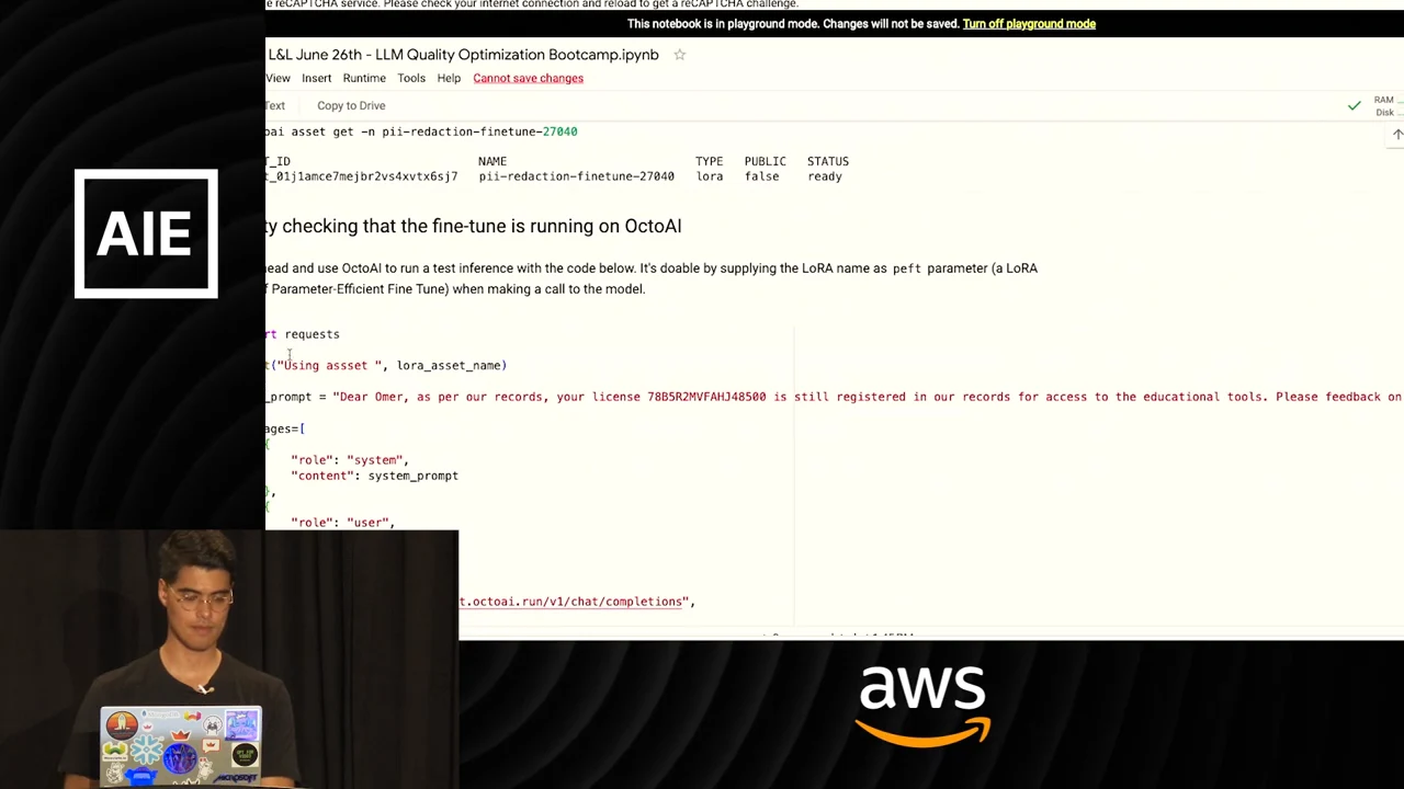 Colab notebook showing an asset lookup result with type lora and status ready, followed by an inference-check heading and the beginning of request code.