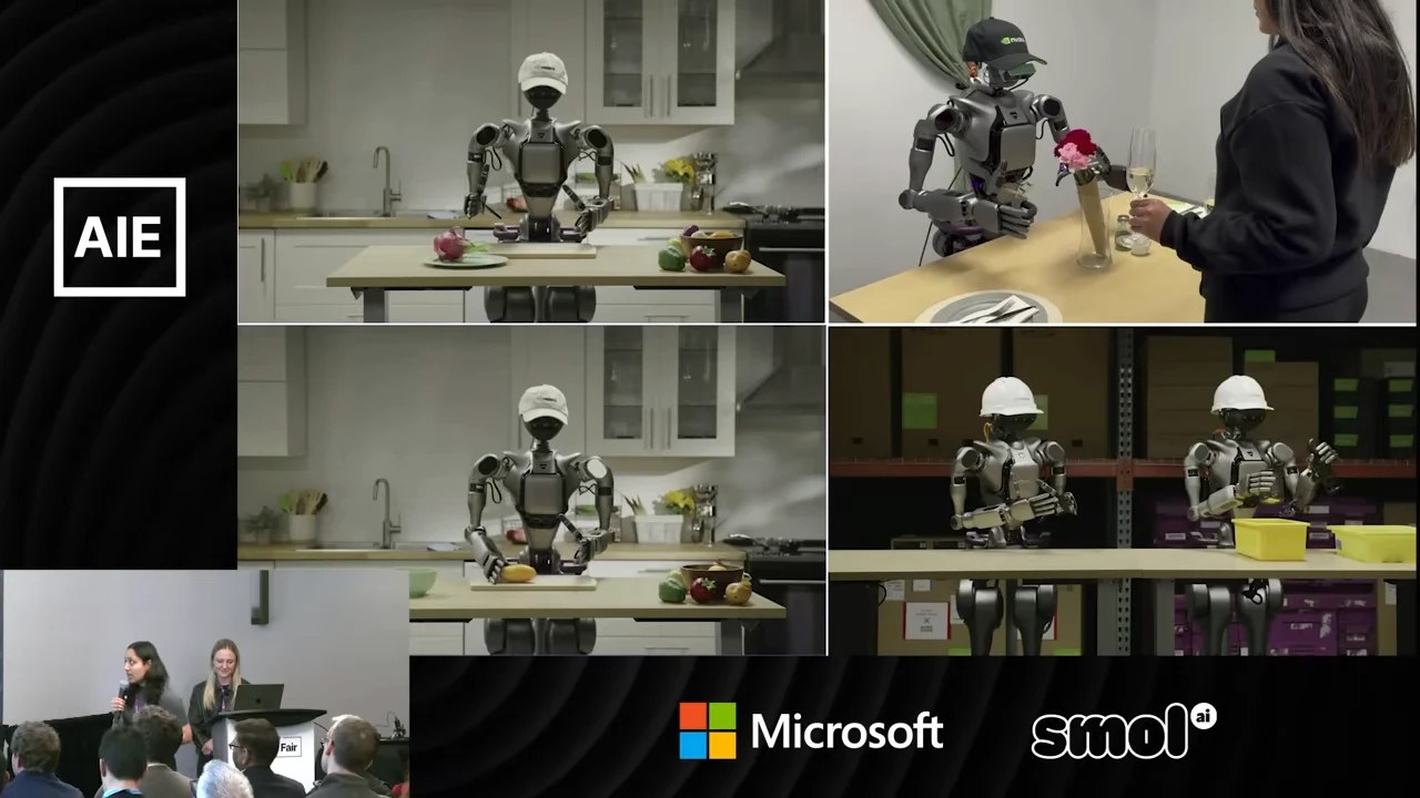 Four-panel montage shows two kitchen manipulation views, a humanoid beside flowers and a person holding a stemmed glass, and two hard-hat robots working beside yellow bins.
