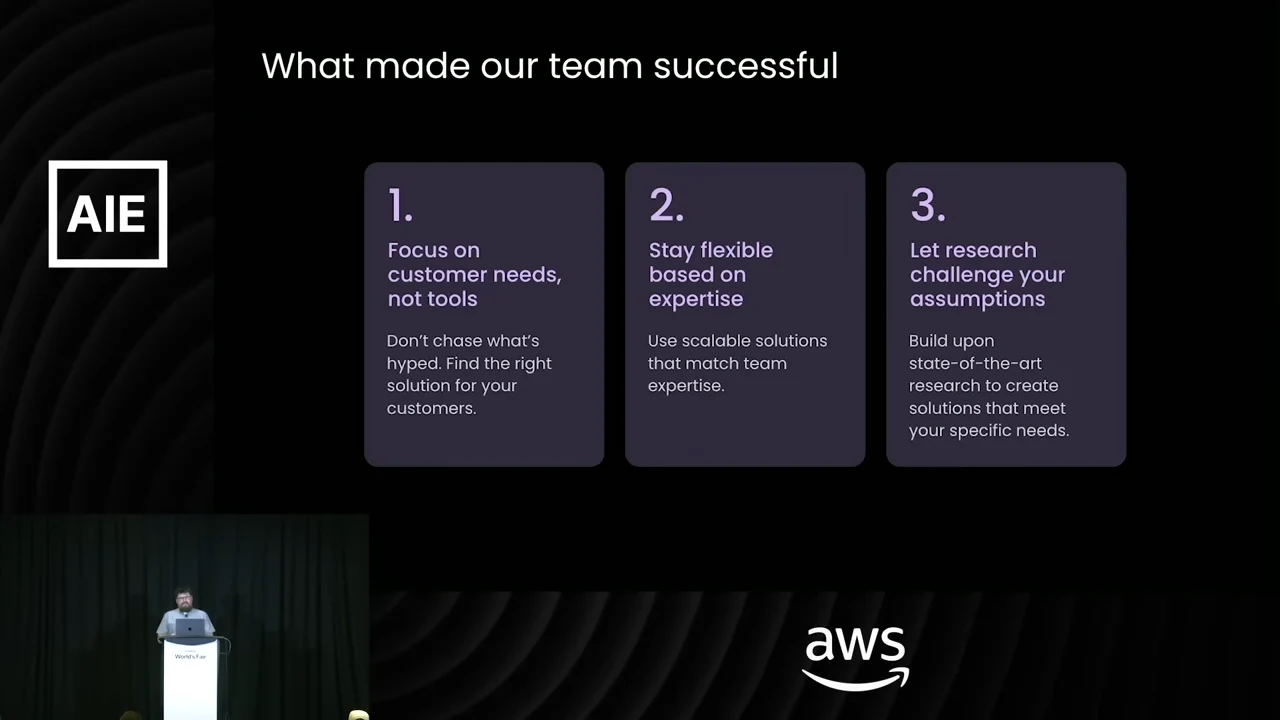 Slide titled “What made our team successful” with three purple cards describing customer focus, flexibility based on expertise, and research challenging assumptions.