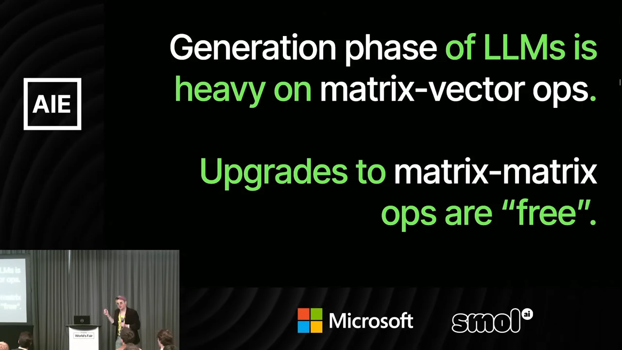 Slide states that LLM generation is heavy on matrix-vector operations and that upgrades to matrix-matrix operations are “free.”