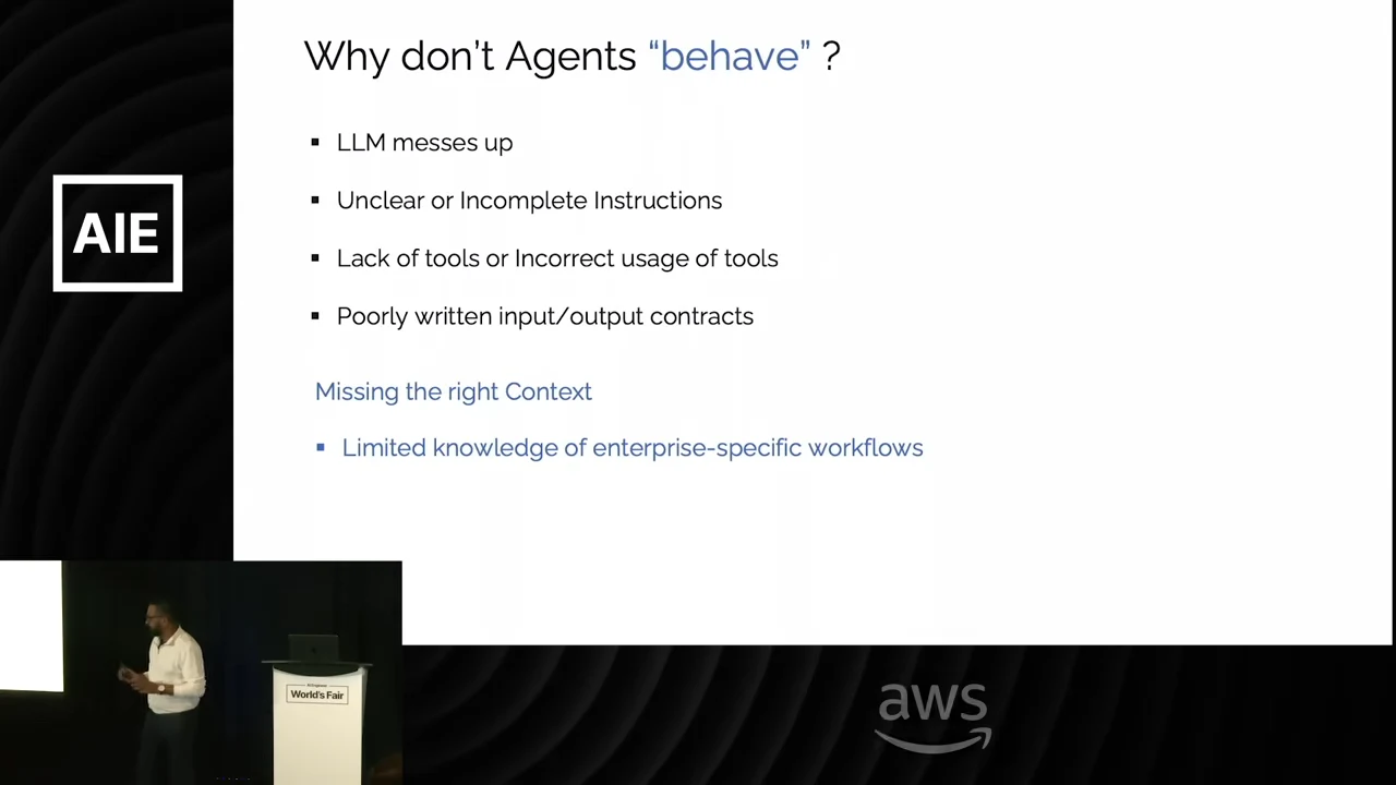 Slide lists LLM errors, unclear instructions, tool problems, and poorly written input/output contracts, then highlights missing context and limited enterprise-specific workflow knowledge.