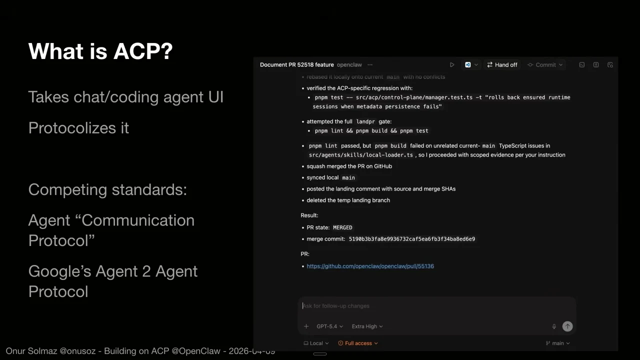 “What is ACP?” slide listing chat/coding agent UI and competing standards beside a coding-agent conversation screenshot.