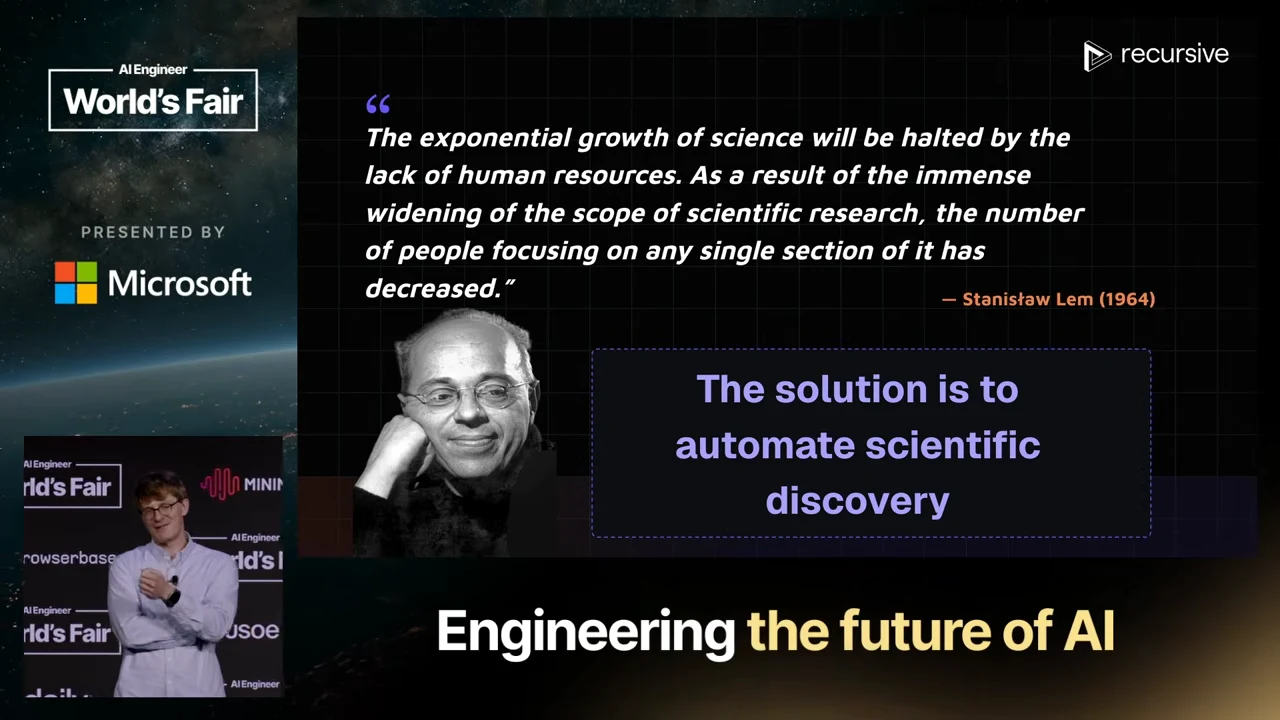 Quotation attributed to Stanisław Lem (1964), a black-and-white portrait, and a boxed statement: “The solution is to automate scientific discovery.”