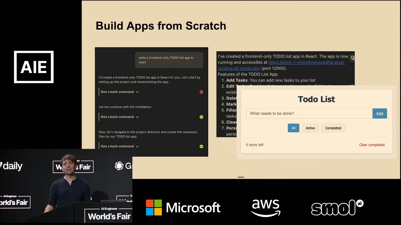 Slide showing agent conversation screenshots behind an empty Todo List app with an input field, Add button, All, Active and Completed filters, and Clear completed control.