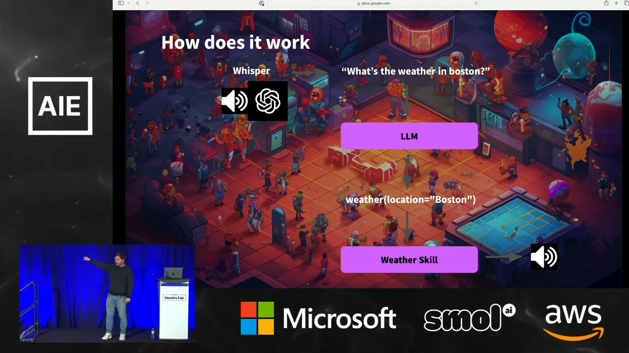 “How does it work” slide showing Whisper, a Boston weather question, an LLM block, a weather function call, and a Weather Skill block with an audio icon.
