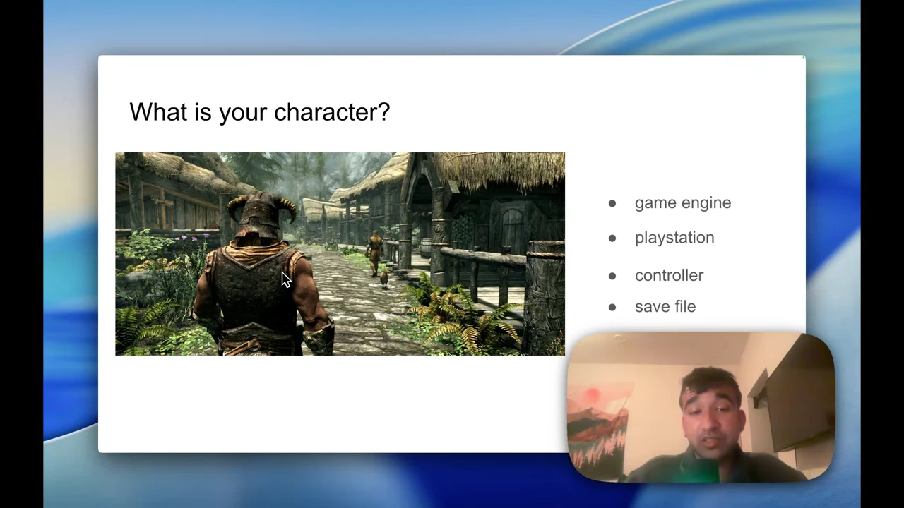 Slide showing a Skyrim character beside four bullets: game engine, playstation, controller, and save file.