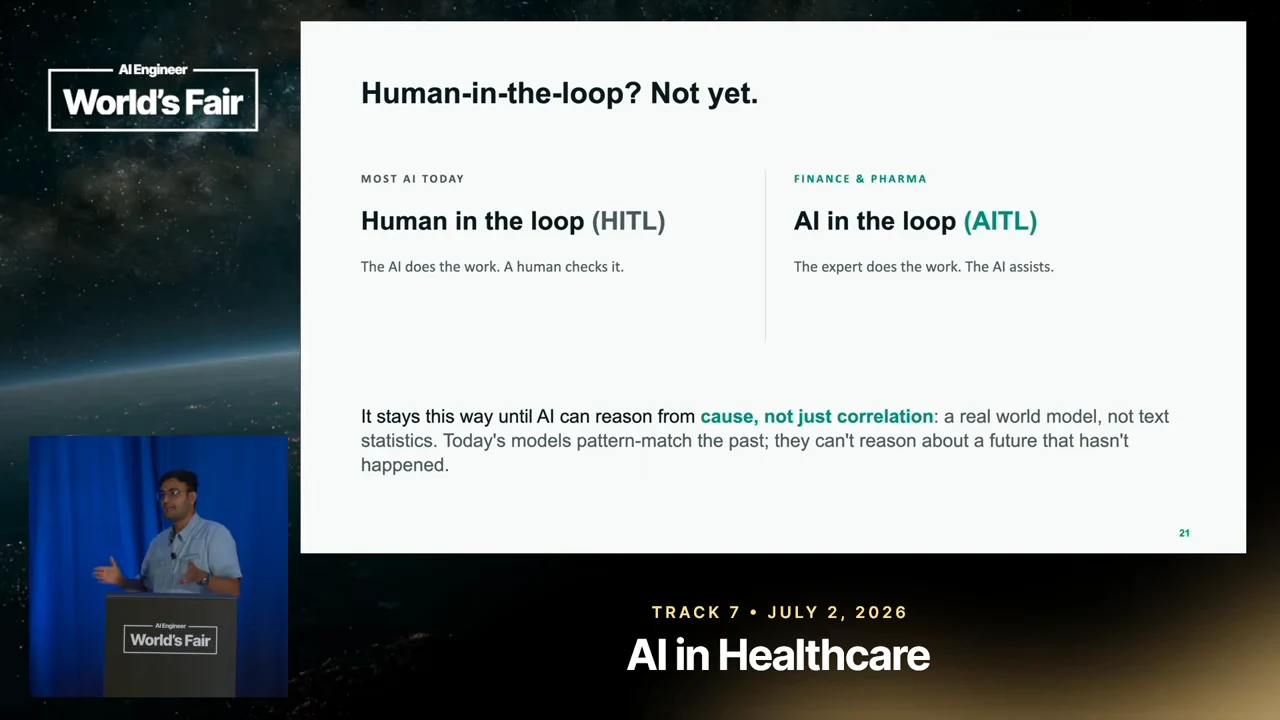 Slide titled “Human-in-the-loop? Not yet.” contrasts human checking AI work with AI assisting an expert, followed by text about cause rather than correlation.