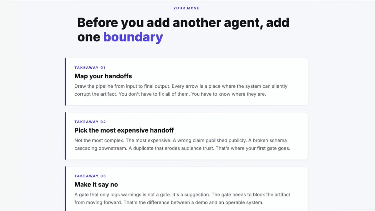 Slide titled “Before you add another agent, add one boundary,” with three takeaway cards: Map your handoffs, Pick the most expensive handoff, and Make it say no.
