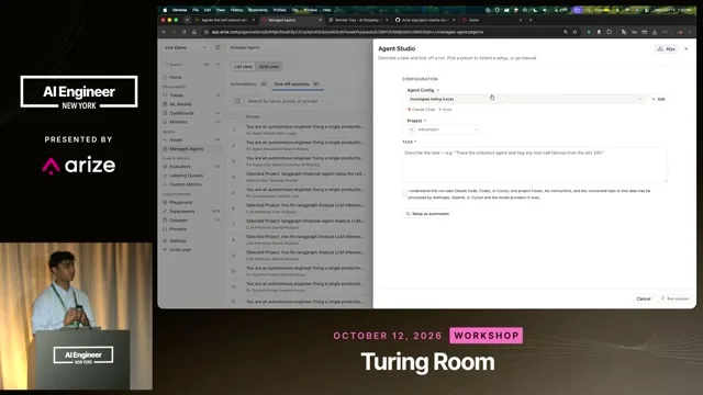 Agent Studio configuration form with a project selector, task instructions and a Run control.