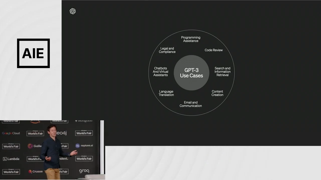 Circular GPT-3 Use Cases diagram surrounded by application labels, with a presenter inset at lower left.