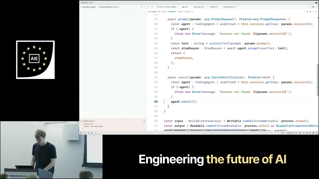 TypeScript editor showing prompt handling above a cancellation method that retrieves the session agent and calls its cancel method.