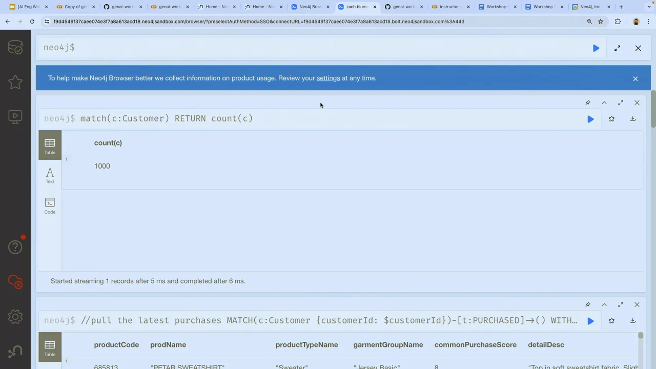Neo4j Browser displaying a Customer count query and a single result of 1000.