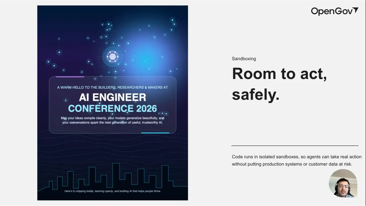 Blue AI Engineer Conference 2026 greeting artwork beside the heading Room to act, safely and text describing isolated code execution.