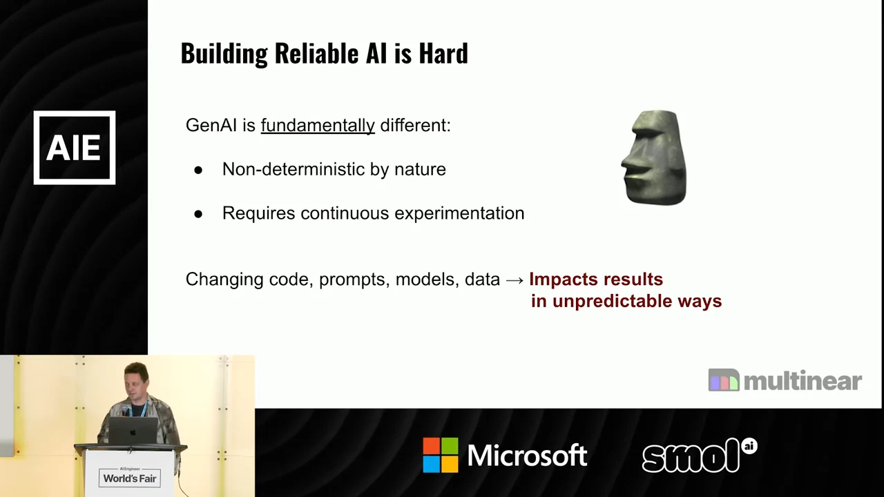 Slide titled “Building Reliable AI is Hard” lists nondeterminism and continuous experimentation, and warns that changing code, prompts, models or data impacts results unpredictably.