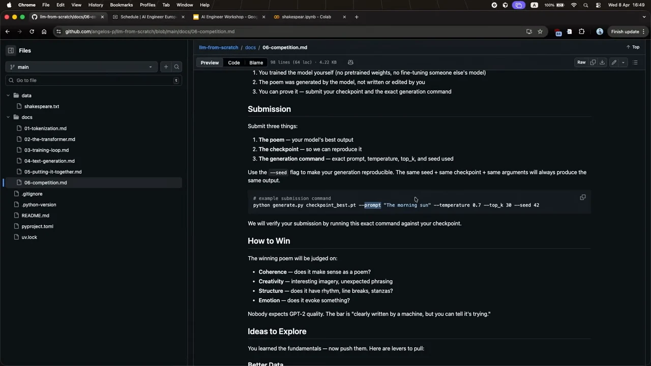 GitHub competition instructions listing the poem, checkpoint, and generation command, with an example command and judging criteria.