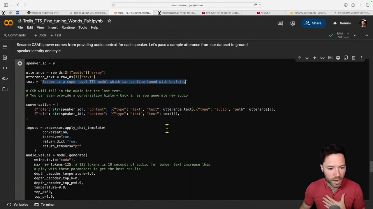 Colab code selects a dataset utterance and transcript, highlights the new text prompt, and builds a conversation containing text and audio.