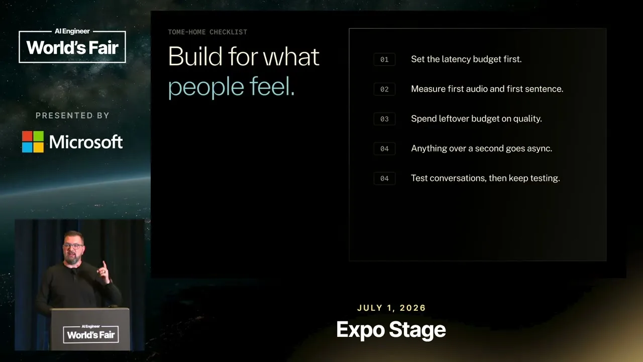 Selected presentation frame from Latency Is a Budget. Humanlike Is the Goal. — Jesse Hall, LiveKit at 957 seconds