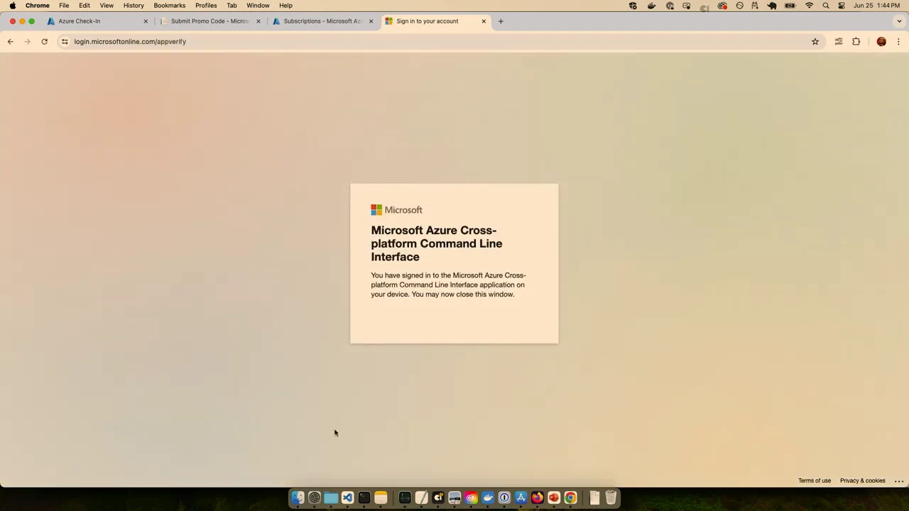Microsoft confirmation panel stating that sign-in to the Azure Cross-platform Command Line Interface is complete.