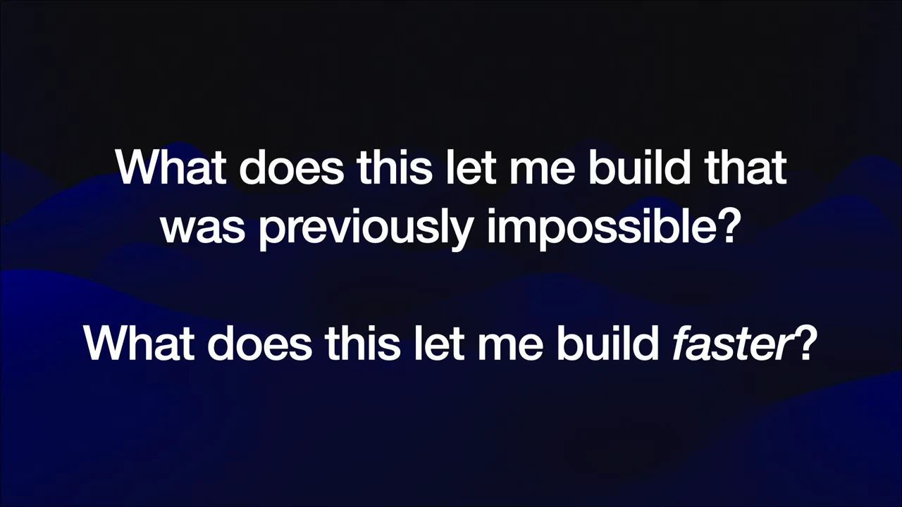 Full-screen slide with two questions about building previously impossible things and building faster, in white text over blue waves.