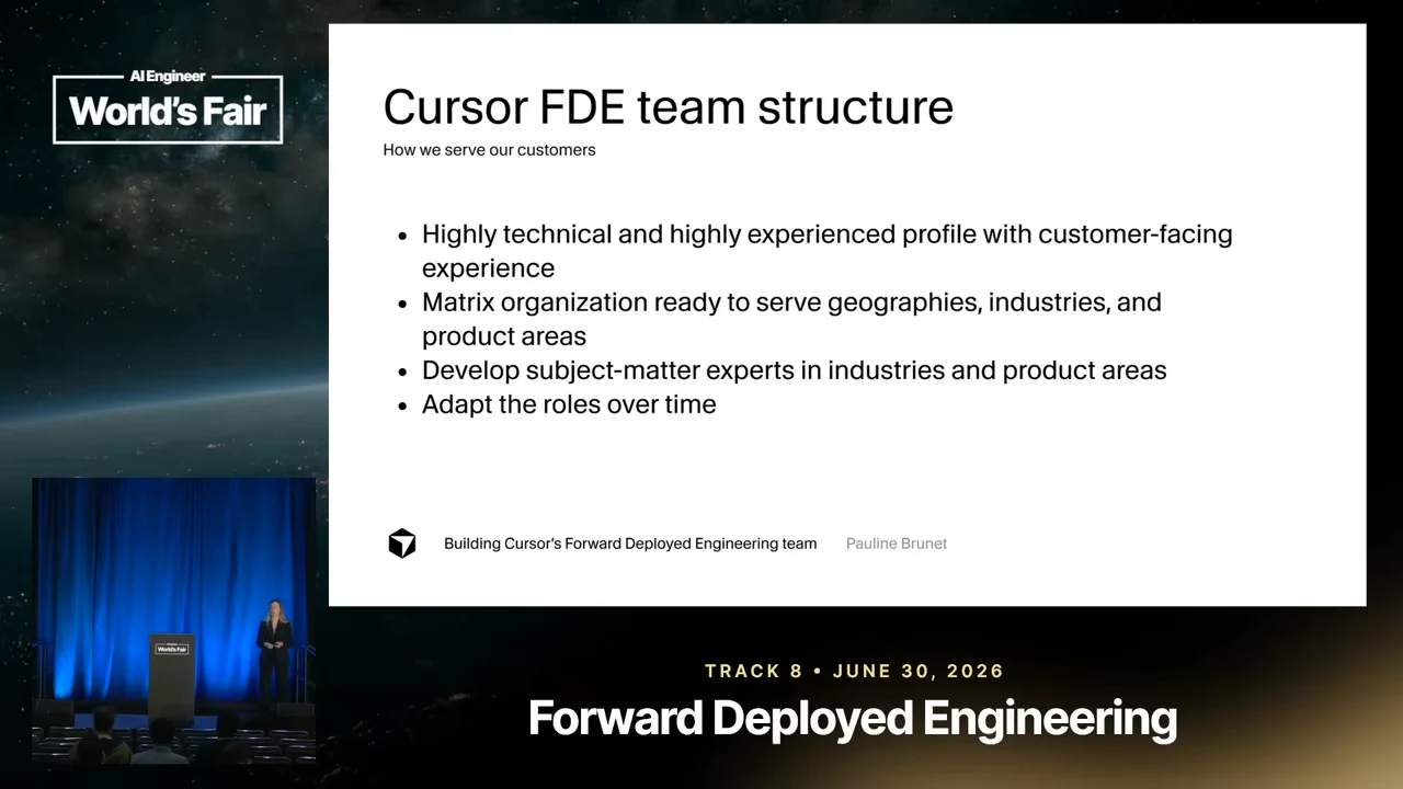 Slide titled “Cursor FDE team structure” with four bullets covering technical and customer-facing experience, a matrix organization, industry and product experts, and adapting roles over time.