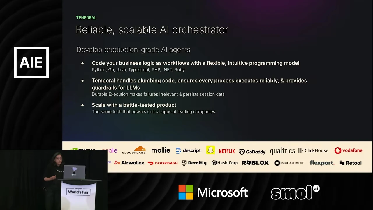 Reliable, scalable AI orchestrator slide with three bullets about coding workflows, Temporal handling plumbing, and scaling, above customer logos.