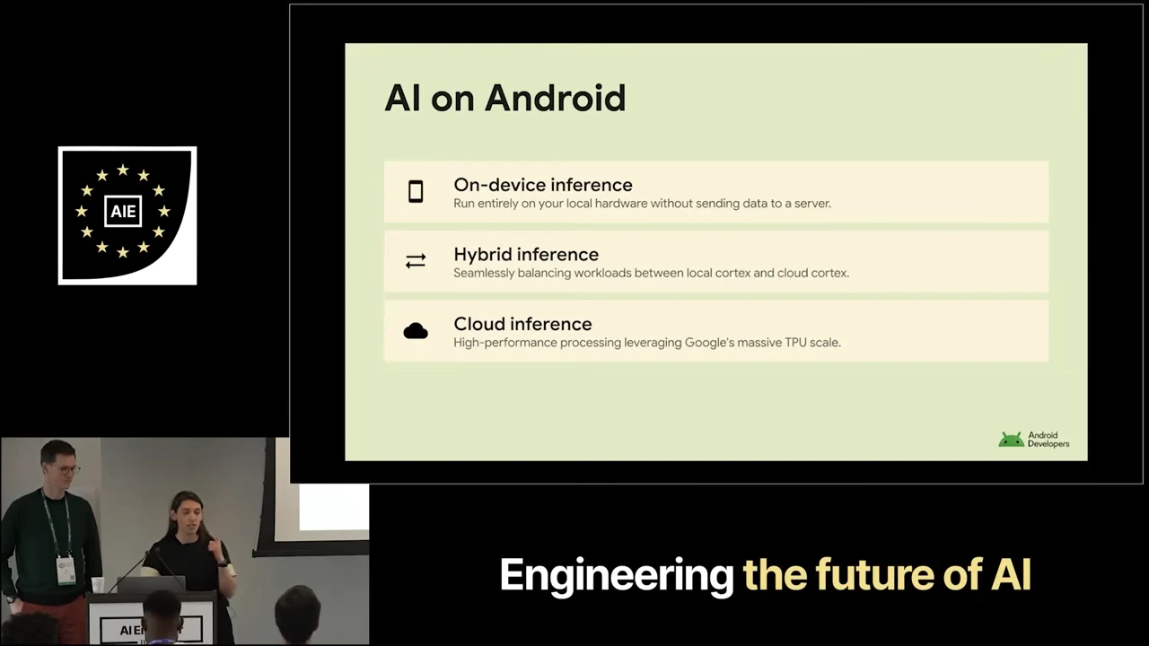 Slide titled “AI on Android” with three rows for on-device inference, hybrid inference and cloud inference.