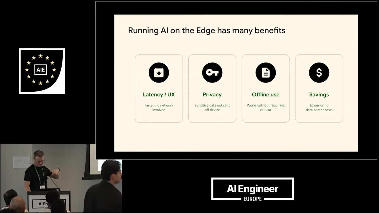 Slide titled “Running AI on the Edge has many benefits” with four illustrated cards labeled Latency / UX, Privacy, Offline use, and Savings.