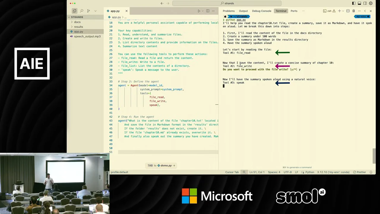 Code editor beside terminal output with arrows marking file_read, file_write, and speak calls; speech_output.mp3 appears in the file explorer.