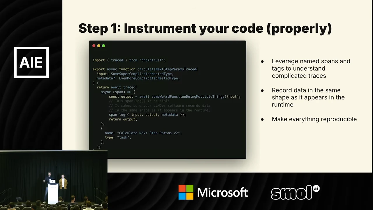 Slide titled “Step 1: Instrument your code (properly)” with a code example and three bullets about spans and tags, recording runtime-shaped data, and reproducibility.