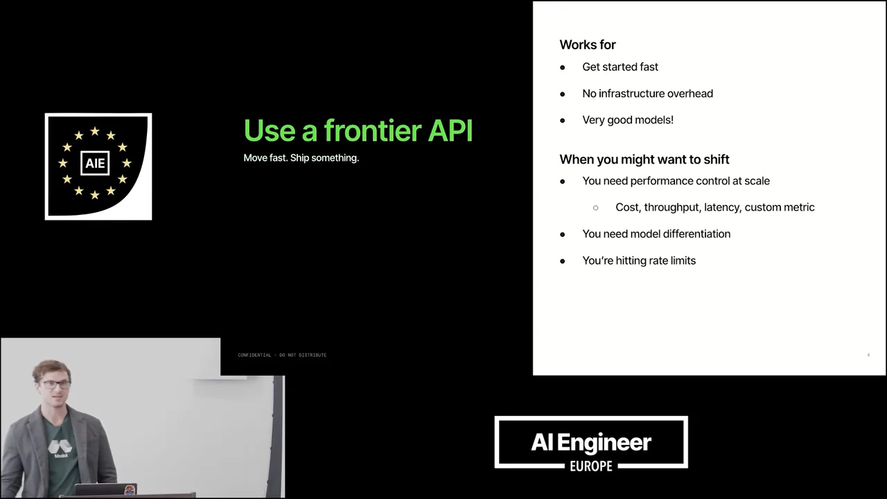 Slide titled “Use a frontier API,” listing fast starts, no infrastructure overhead, and good models, alongside reasons to shift: performance control, model differentiation, and rate limits.