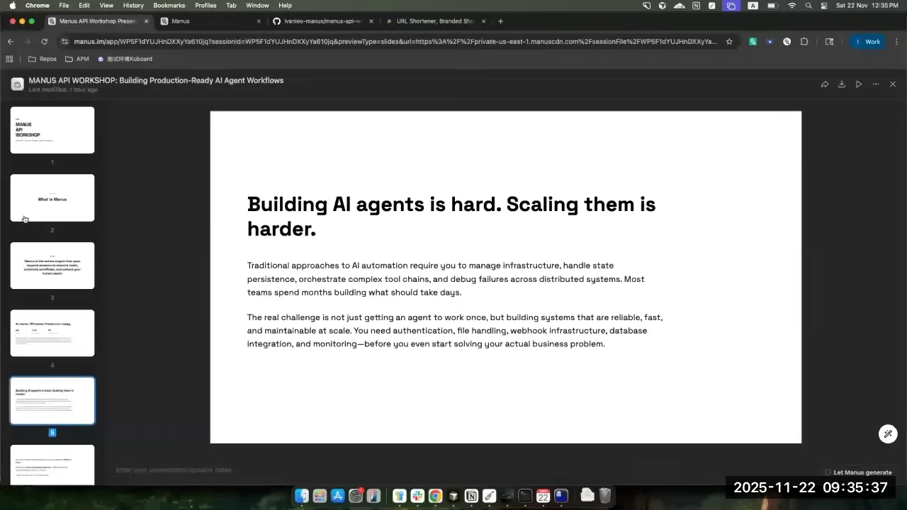 Slide describing infrastructure, state persistence, tool orchestration, and reliability challenges when building agents.