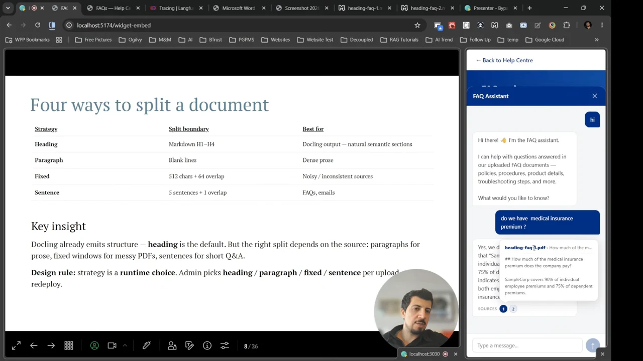 Document-splitting slide beside an FAQ answer about insurance premiums, with a source popup showing the matching FAQ question and excerpt.