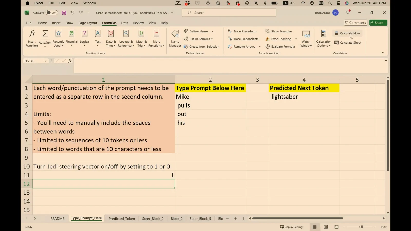 The completed spreadsheet calculation: with Jedi steering turned on, “Mike pulls out his” produces “lightsaber”.