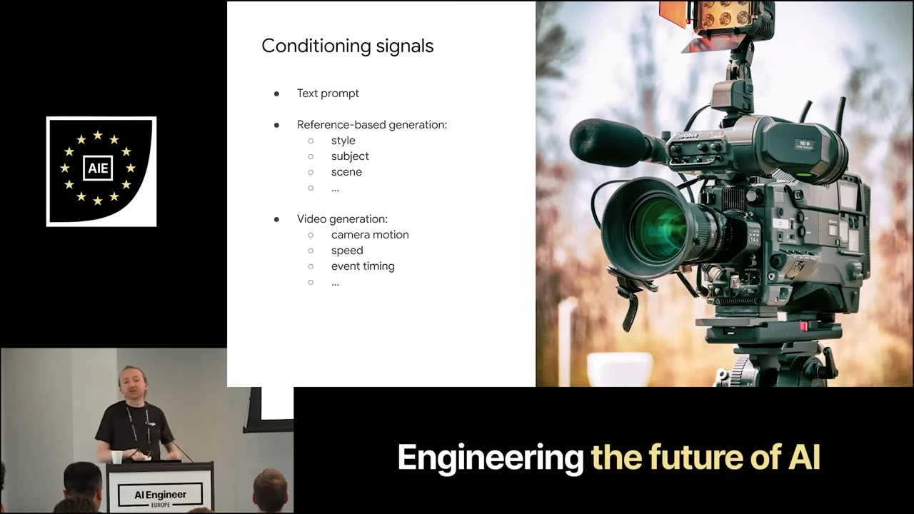 Conditioning signals slide lists text prompts, reference-based style, subject and scene, and video controls beside a large camera photograph.