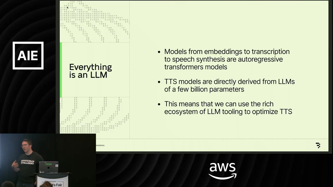 Slide with three bullets about autoregressive transformer models, TTS models derived from LLMs, and using LLM tooling for TTS optimization.