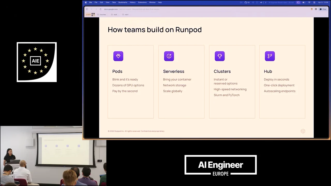 Slide titled “How teams build on Runpod” with four columns labeled Pods, Serverless, Clusters, and Hub, each listing features.