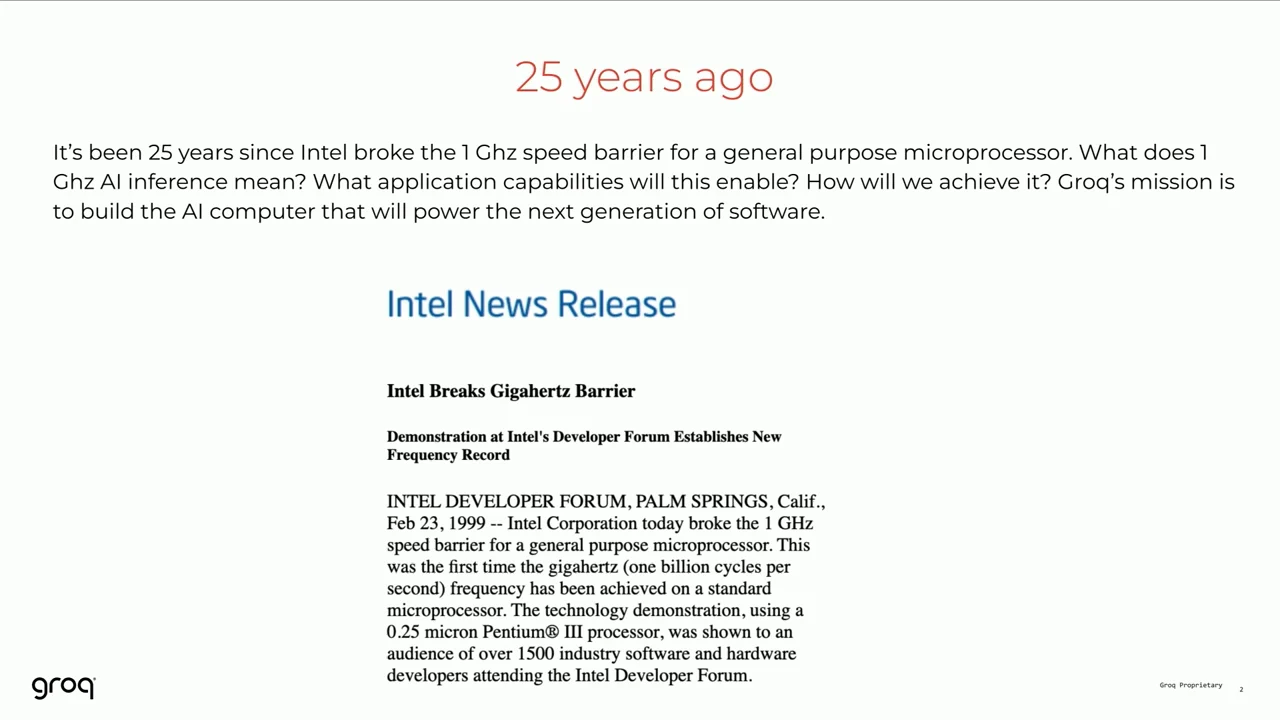 Slide titled “25 years ago” with an Intel News Release headed “Intel Breaks Gigahertz Barrier.”