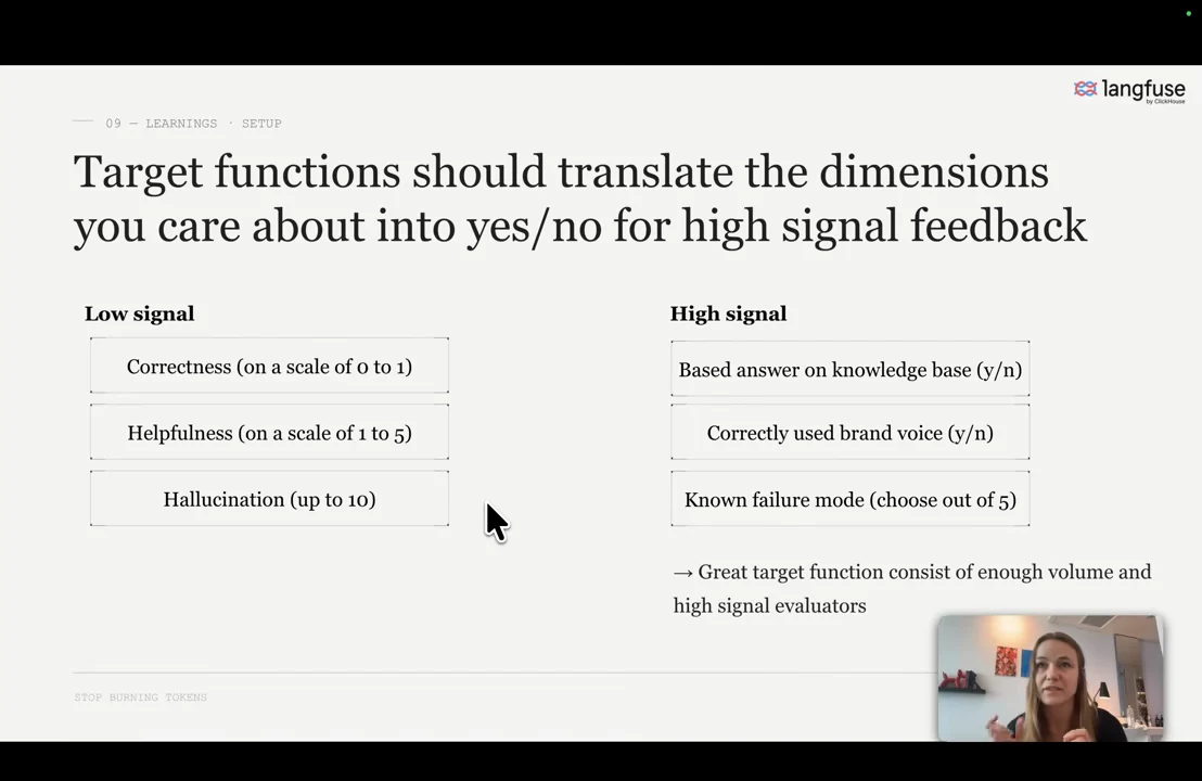 Two columns contrast low-signal correctness, helpfulness and hallucination scores with checks for knowledge-base grounding, brand voice and known failure categories.
