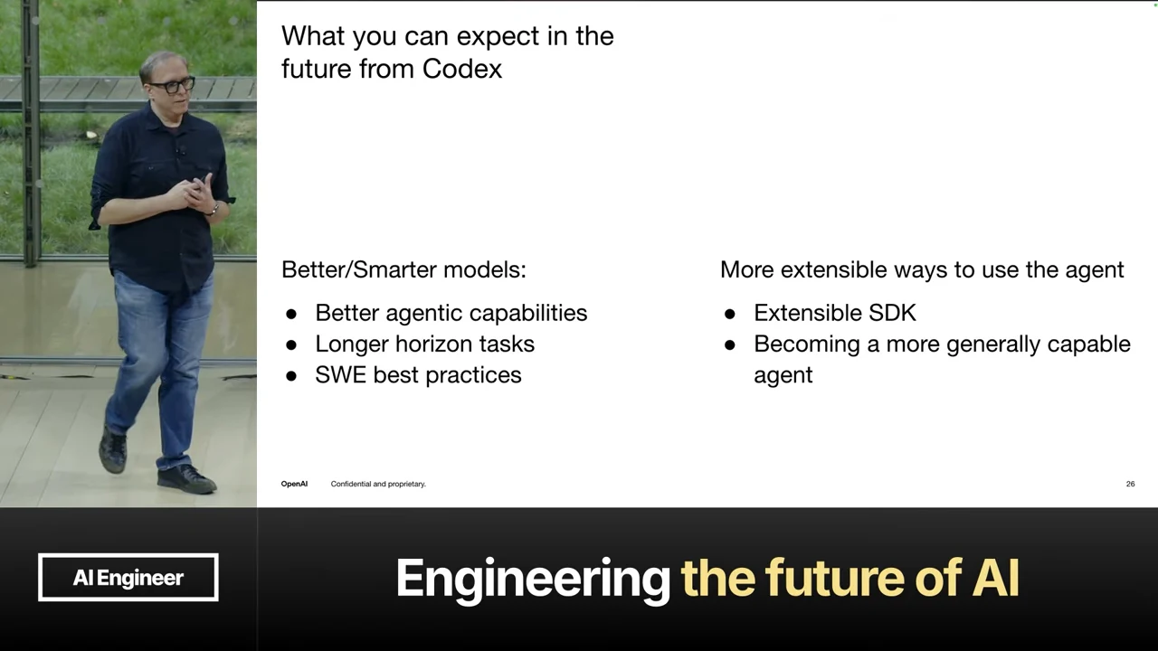 Slide with two columns: better agentic capabilities, longer horizon tasks, and SWE best practices; an extensible SDK and a more generally capable agent.