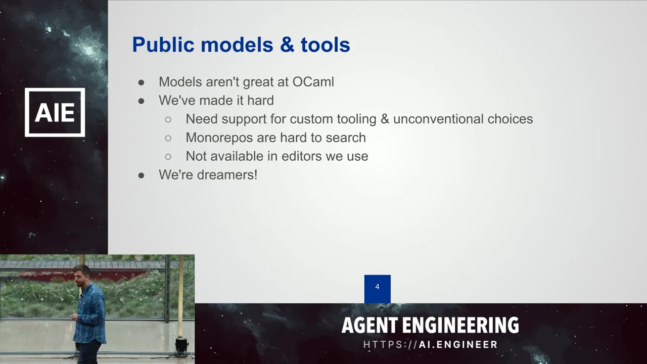 Slide listing weak OCaml performance, custom tooling and unconventional choices, monorepo search difficulty, and unavailable editor integrations, followed by “We're dreamers!” A speaker inset appears at bottom left.