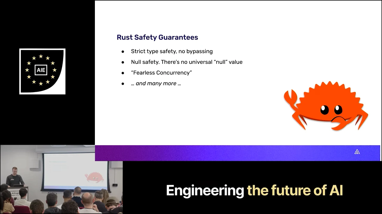 White slide listing strict type safety, no universal null value, fearless concurrency and additional guarantees, beside an orange Rust crab.