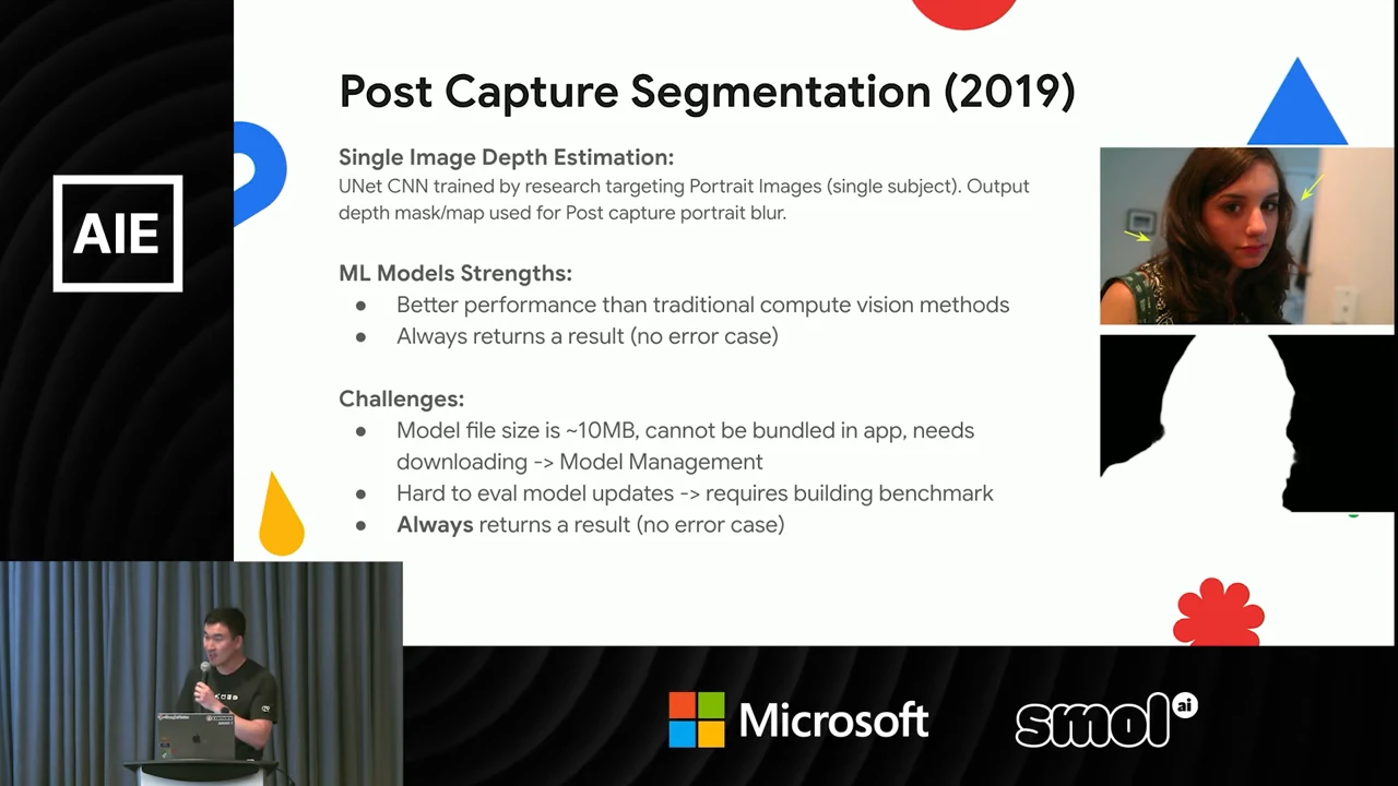 Post Capture Segmentation (2019) slide with a portrait above a black-and-white foreground mask, plus bullets on model performance, downloads, management and benchmarks.